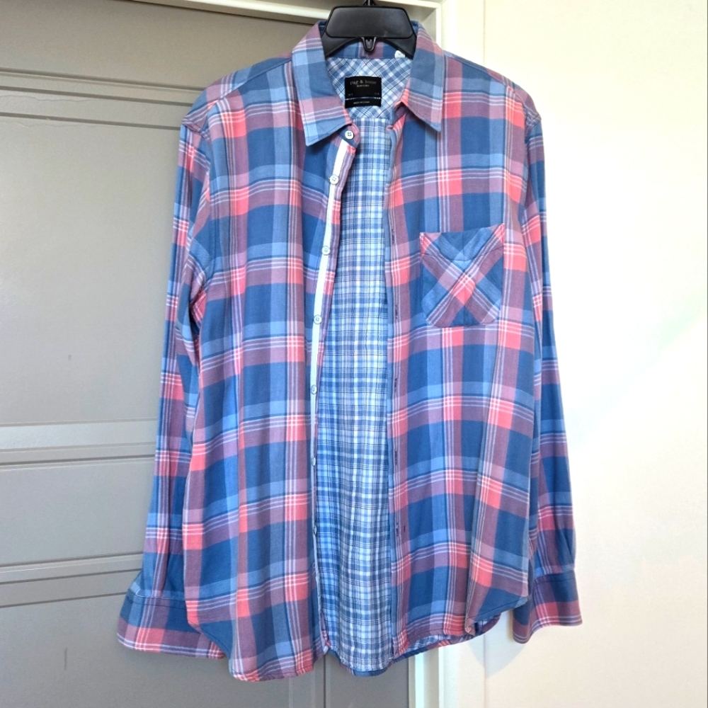 Men's Blue and Red Plaid Shirt
